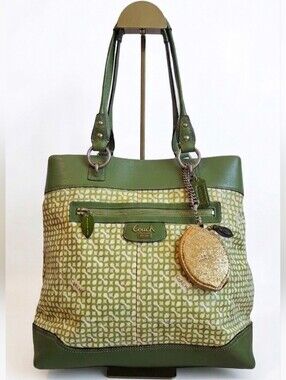 Coach 2008 HTF Op Art Penelope Tote w/ Rare Glitter Lemon Coin Case Charm
